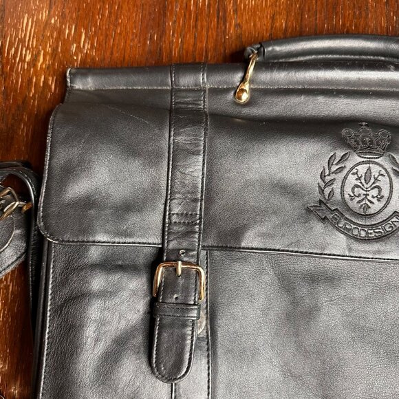 Vintage Eurodesign Black Leather Portfolio Bag With Shoulder Strap & Buckle Clos - Picture 6 of 12